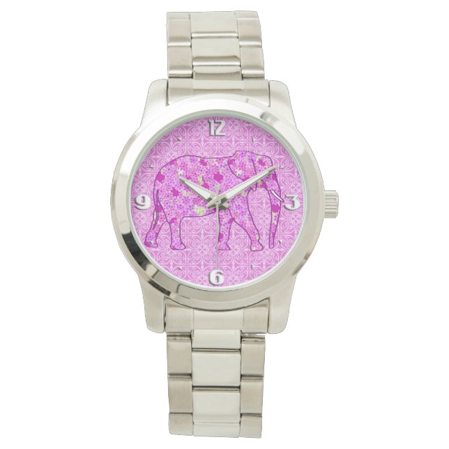 Montre Eléphant à fleurs - orchidée et magenta (devant)