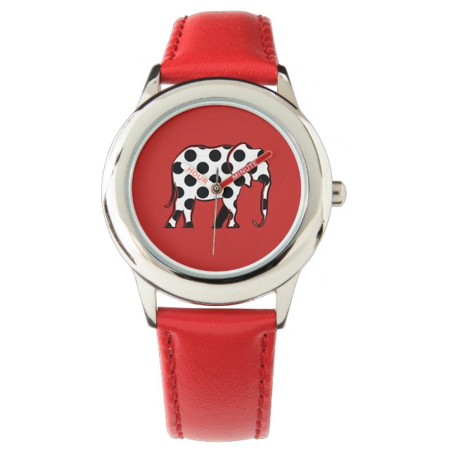 Montre Eléphant noir et blanc Polka Motif rouge (devant)