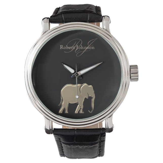Montre Eléphant Noir et Or Monogramme Élégant Luxueux (devant)