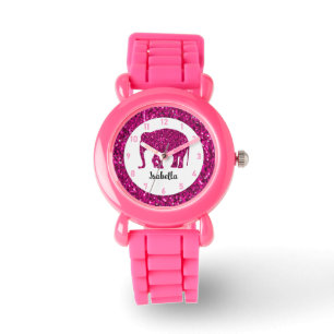 Montre Eléphant rose brillant Nom personnalisé