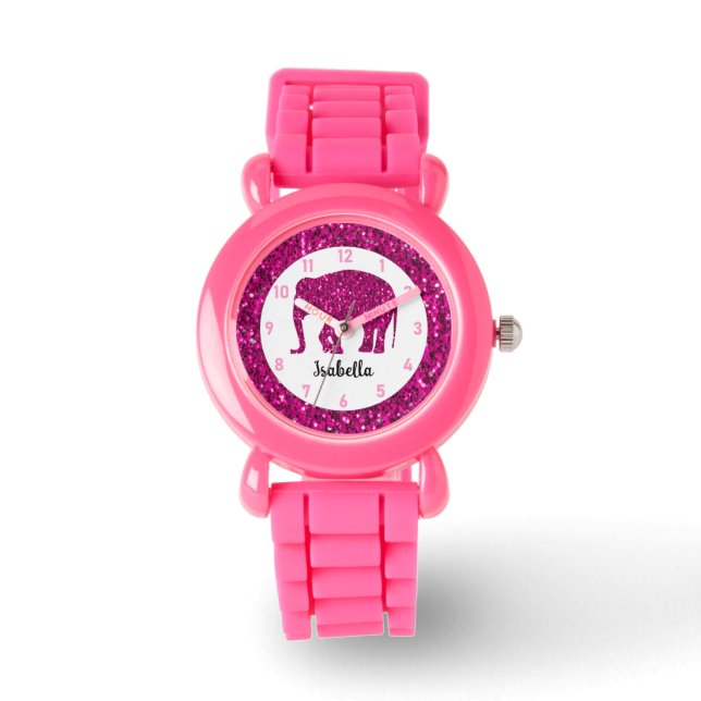 Montre Eléphant rose brillant Nom personnalisé (Recto)