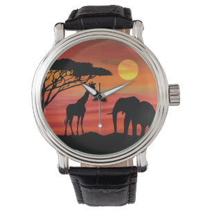 Montre Eléphants mignons et girafe dans le Serengeti
