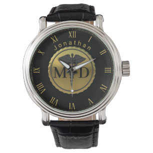 Montre Emblème en or 3D Caducée Médecin MD Nom