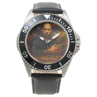 Montre en acier inoxydable et cuir noir Andrew Tat