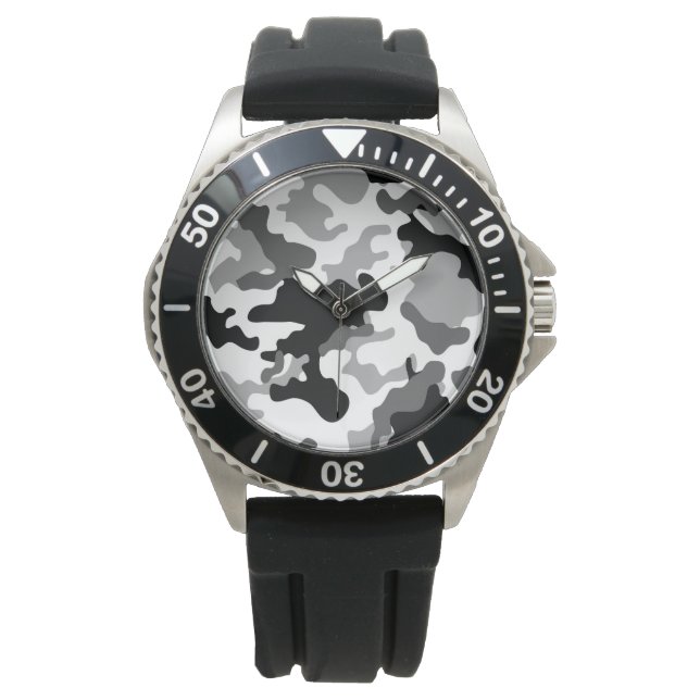Montre en caoutchouc noir gris Camo acier inoxydab (devant)