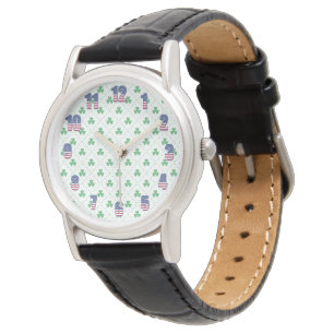 Montre en cuir noir à motif de trèfle avec boucle