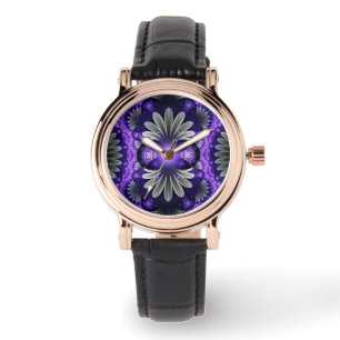 Montre en cuir noir carré avec visage fractal viol