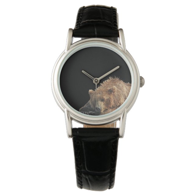 Montre en cuir noir classique avec grizzli (devant)