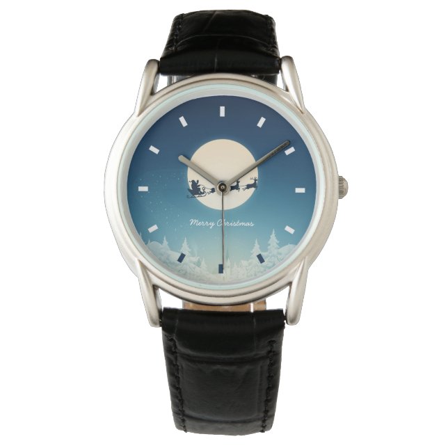 Montre en cuir noir classique de Noël (devant)