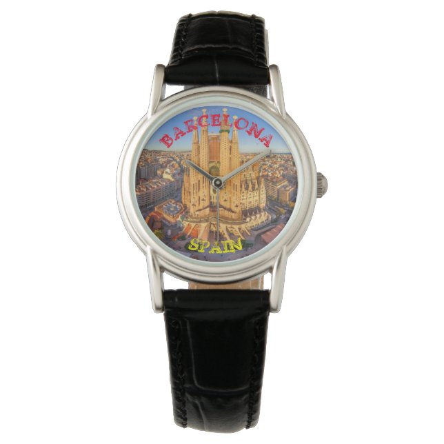 Montre en cuir noir de Barcelone (devant)