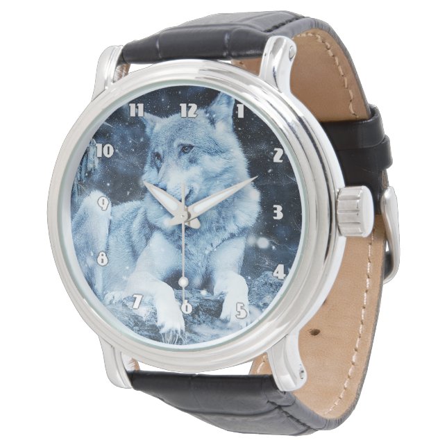 Montre en cuir noir Imaginaire Wolf Hommes (Incliné)