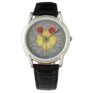 Montre en cuir noire avec le visage de fleur