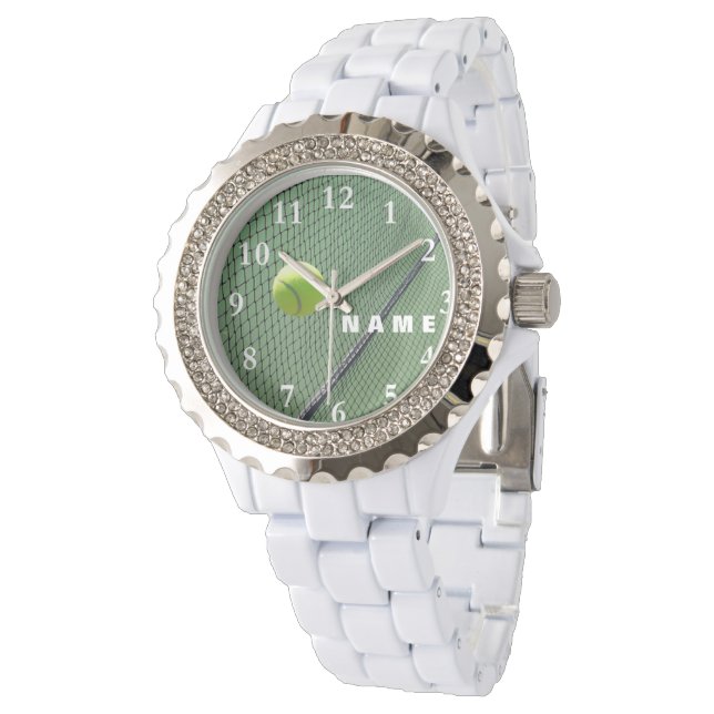 Montre en émail blanc en strass féminin de tennis (Incliné)