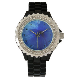 Montre en émail noir Hibiscus bleu