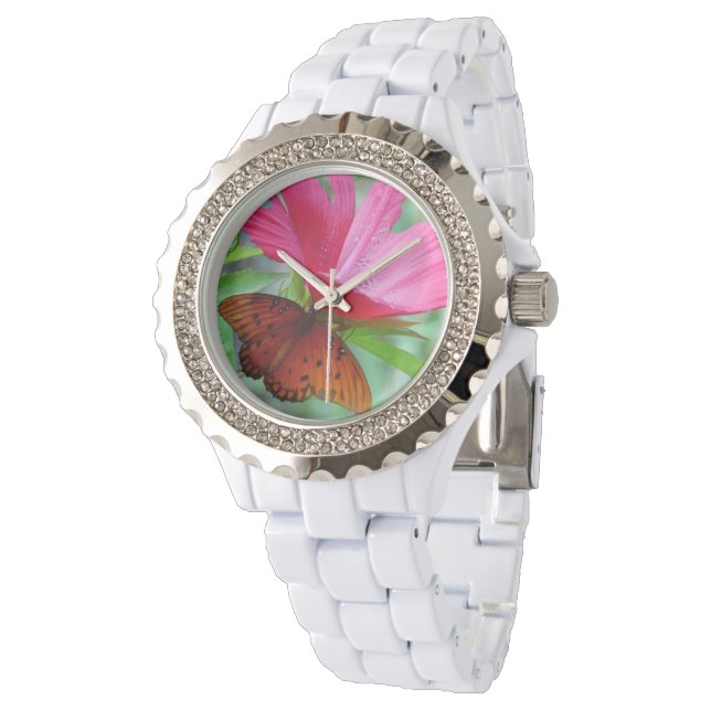Montre en strass féminin avec papillon et fleurs (Incliné)