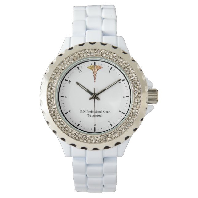Montre en strass pour femmes avec bracelet blanc e (devant)