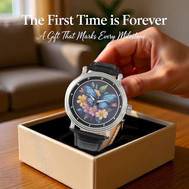 Montre Enchanted Garden" - Blue Butterfly & Floral (Créateur téléchargé)