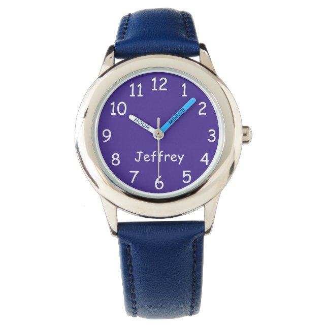 Montre Enfant bleu et blanc, nom, poignet de sangle bleu (devant)