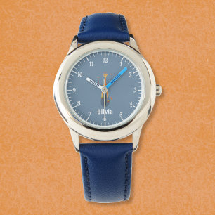 Montre Enfant Girafe sur Monocycle Bleue avec Nom