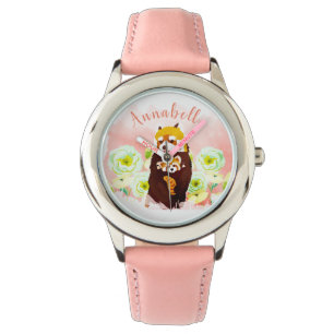 Montre enfant rose floral personnalisé Panda rouge