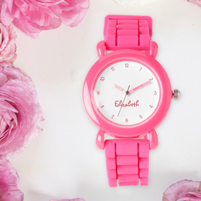 Montre Enfants Filles Moderne mignonne rose Nom personnal (Kids Girls Modern Cute Pink Custom Name Monogram Watch)