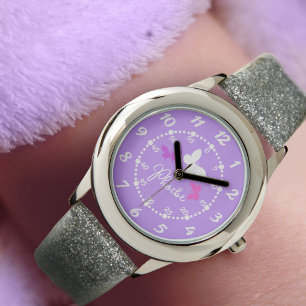 Montre Enfants filles pourpre trois papillons et nom