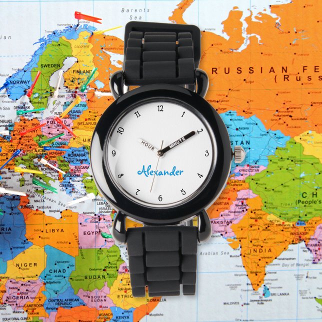 Montre Enfants Garçons Amusants Noir moderne Nom personna (Kids Boys Fun Modern Black Custom Name Monogram Watch)