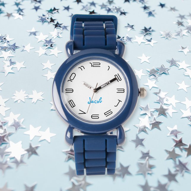 Montre Enfants Garçons Cool moderne bleu Nom personnalisé (Kids Boys Modern Cool Blue Custom Name Monogram Watch)