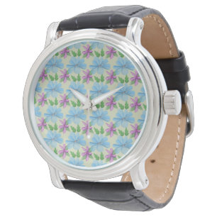 Montre Esthétique à motif floral bleu   Fleur aquarelle
