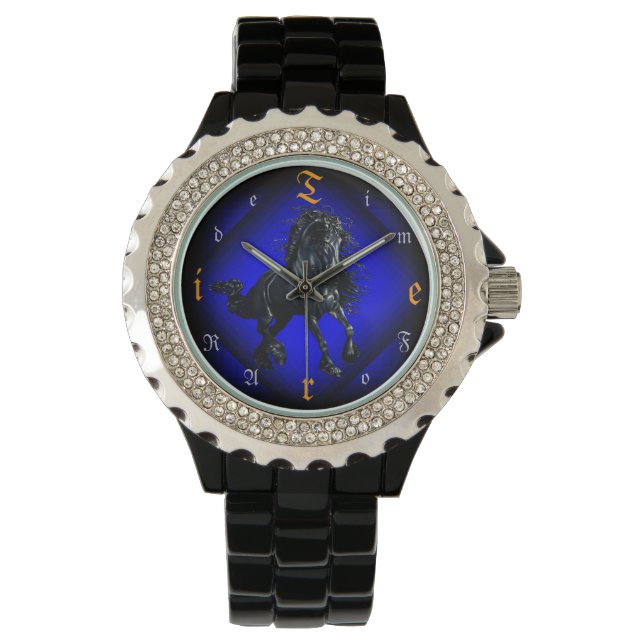 Montre Étalon friésien, cheval noir, temps de promenade (devant)