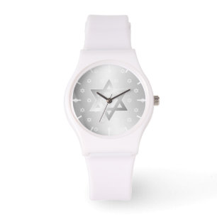 Montre Étoile de David blanche argentée