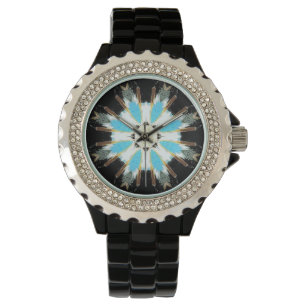 Montre étoile en plumes bleues sur noir