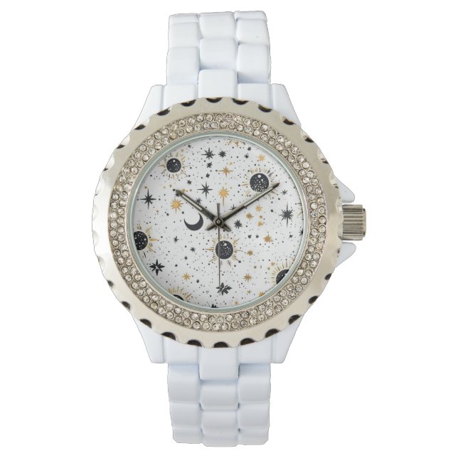 Montre Étoiles célestes de soleil céleste noir et or (devant)