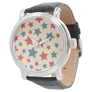 Montre Étoiles rouges et bleues, 4 juillet, fond beige
