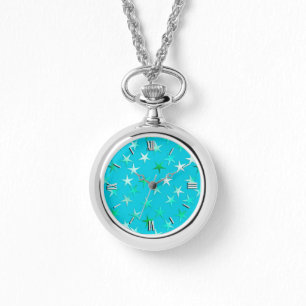 Montre étoiles satinées, vert pâle et bleu sur turquoise