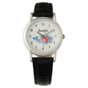 Montre Exotic Tropical Flowers - Pink & Aquamarines