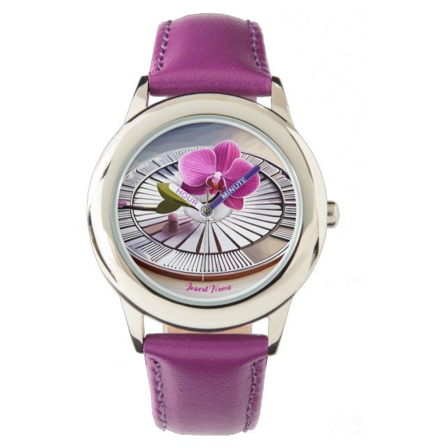 Montre Exquise orchidée rose repose sur une plaque d'arge (devant)