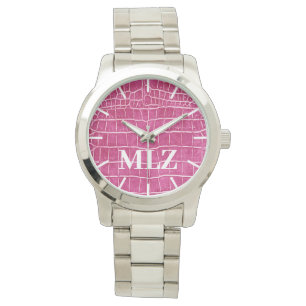 Montre Faire Personnaliser Monogramme Hot rose Faux Croco