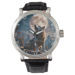 Montre Fantasy Mignonne Loup hurlant vers la lune
