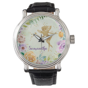 Montre Fée de Parties scintillant d'or mignonne aux fleu