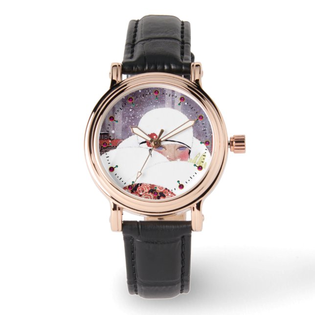 MONTRE FEMME DANS LA NEIGE, MODE DE BEAUTÉ HIVER (Recto)