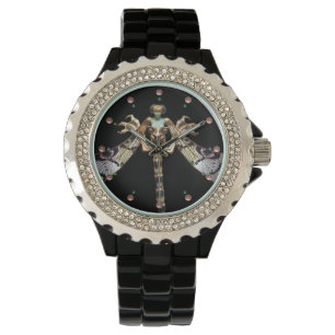 MONTRE FEMME DRAGONFLY AVEC DES GEMMES ROSES