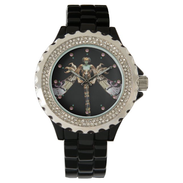 MONTRE FEMME DRAGONFLY AVEC DES GEMMES ROSES (devant)
