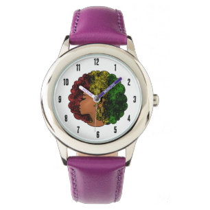 Montre Femme noire rasta afro rouge jaune vert