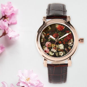 Montre Femmes Floral Art Élégant Rose Or Monogramme