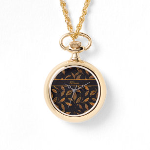 Montre Feuilles brunes sur fond noir motif