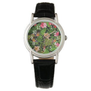 Montre Feuilles tropicales colorées et fleurs d'hibiscus