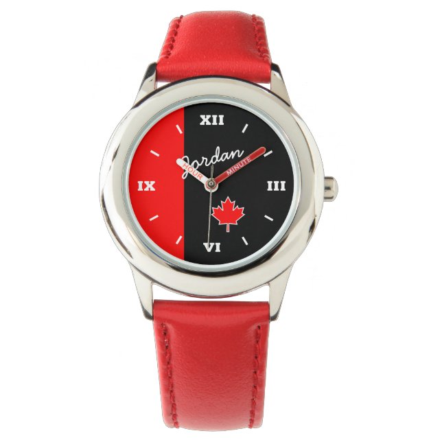 Montre Fière feuille d'érable canadienne en noir et rouge (devant)