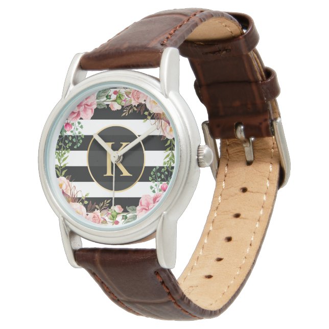 Montre Fille Floral Enveloppement noir blanc rayures Mono (Incliné)