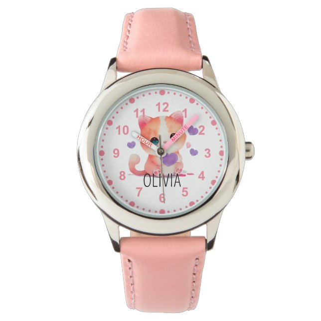 Montre Filles Cute Kitty Kitten Chat Rose Nom personnalis (devant)